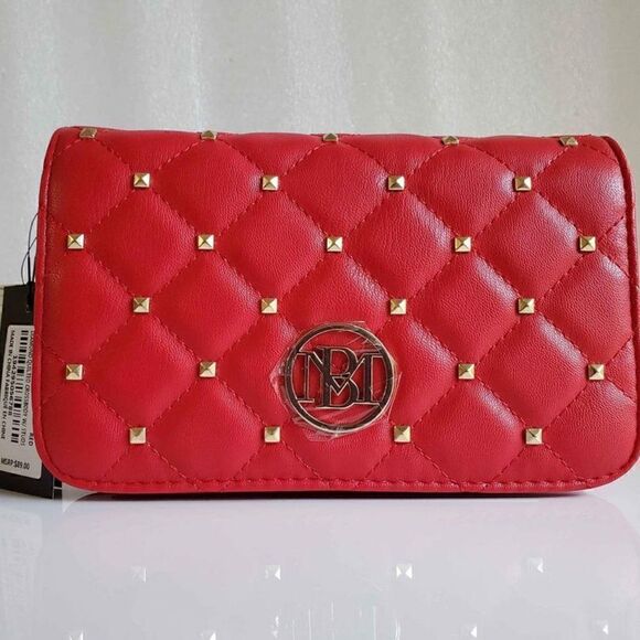 BADGLEY MISCHKA Diamond Quilted Red Crossbody Bag with Studs and Circle Logo NWT - Picture 6 of 10